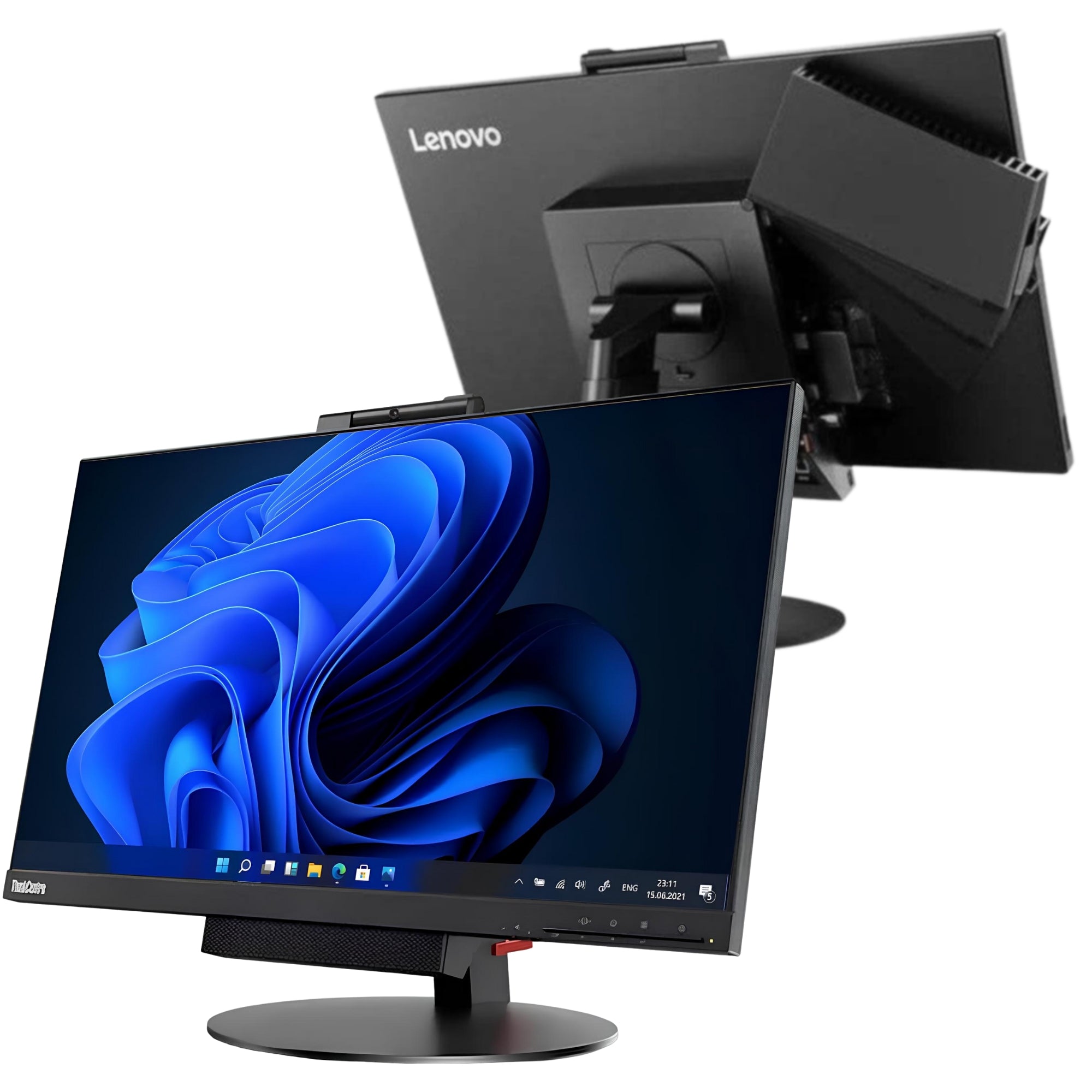 Lenovo ThinkCentre TIO24 All-in-One con display Full HD e modulo PC posteriore, ideale per postazioni modulari e salvaspazio in ufficio.