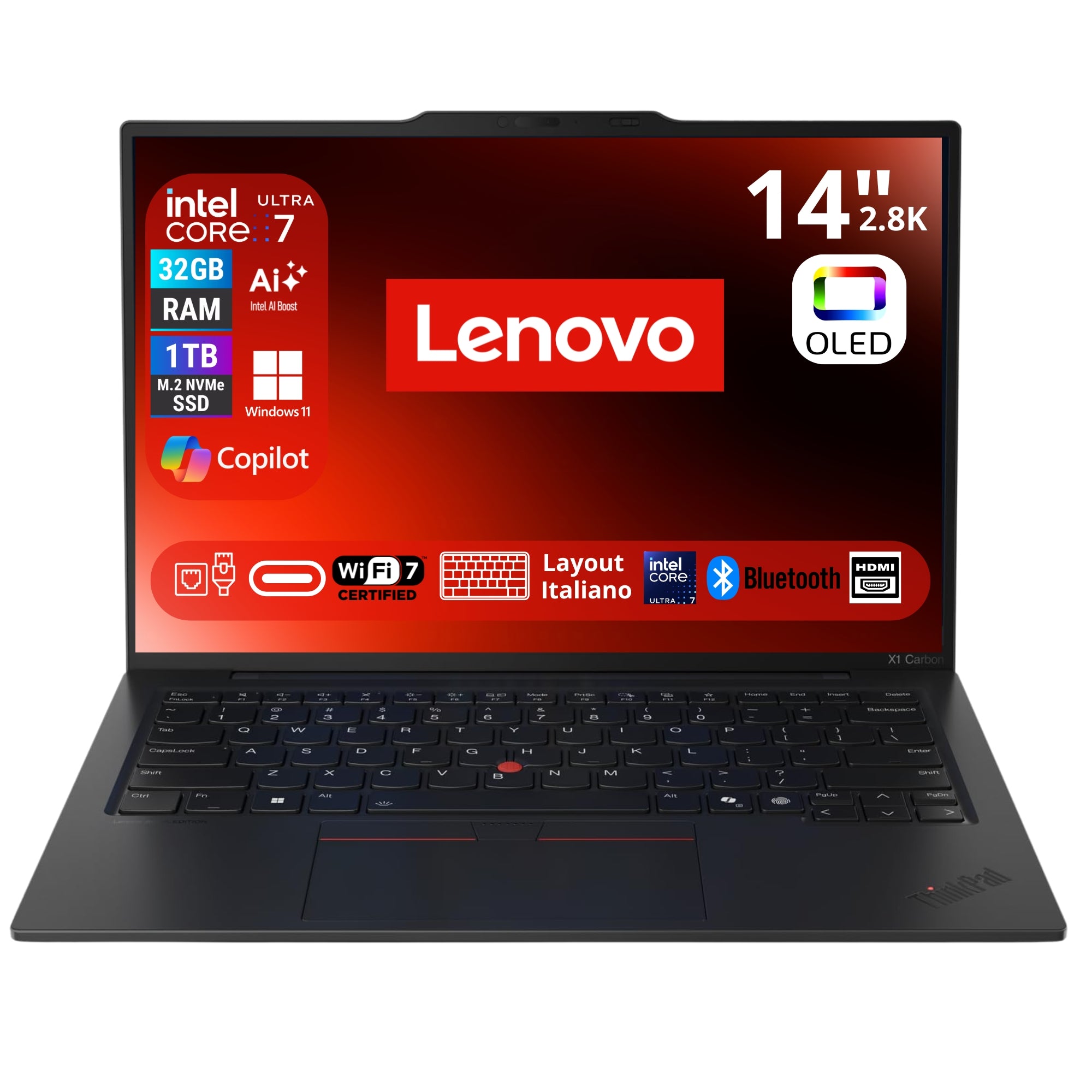 Lenovo ThinkPad X1 Carbon Gen 13 Copilot+ 14" 2.8K OLED | Intel Ultra 7 258V | Ram 32GB | SSD 1 TB | Windows 11 Prodotto NUOVO