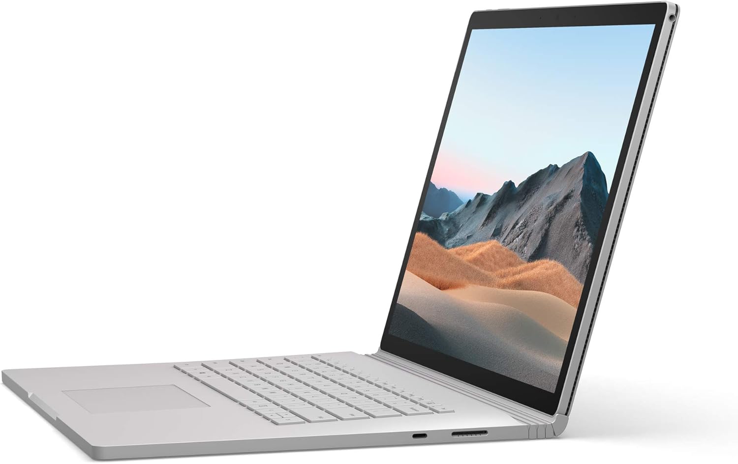 Microsoft Surface Book 3 con Intel i7 e 32GB RAM, visuale laterale del notebook aperto con schermo ad alta risoluzione.