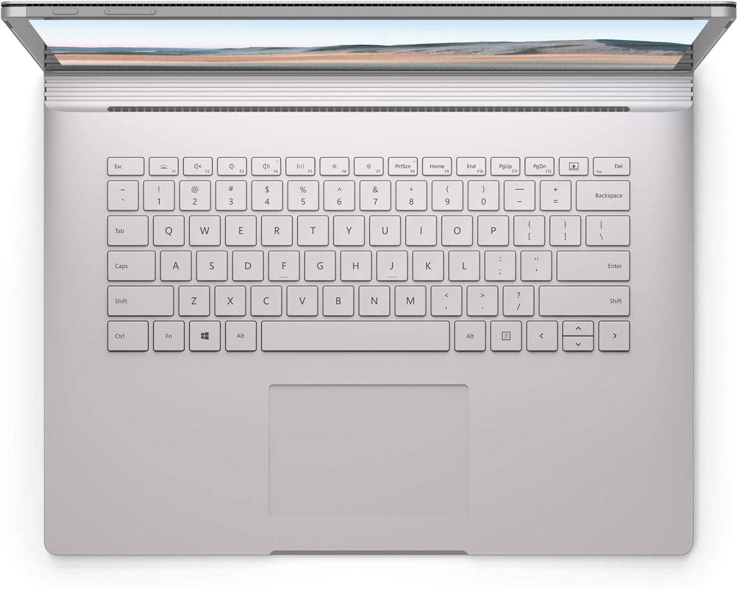 Vista dall’alto della tastiera retroilluminata del Microsoft Surface Book 3, design compatto e professionale.
