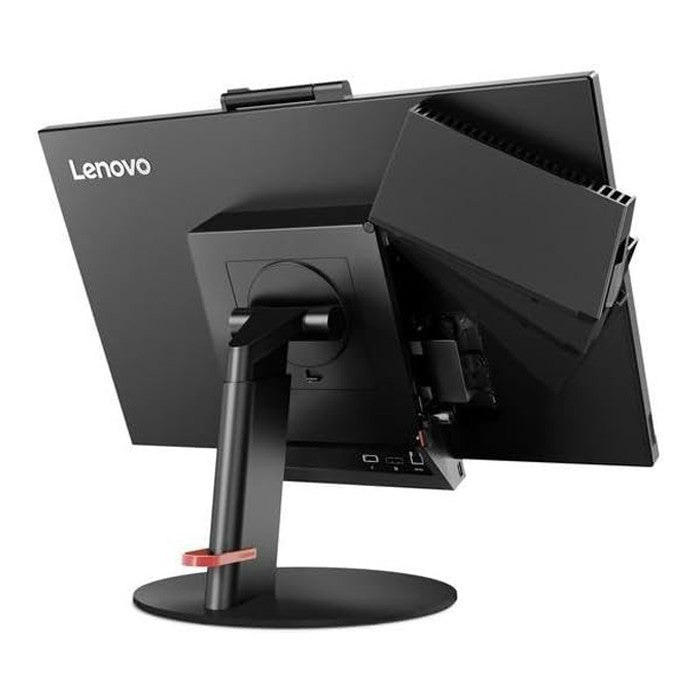 Vista angolata del Lenovo ThinkCentre TIO24 All-in-One con modulo PC apribile, progettato per una facile manutenzione e aggiornabilità.