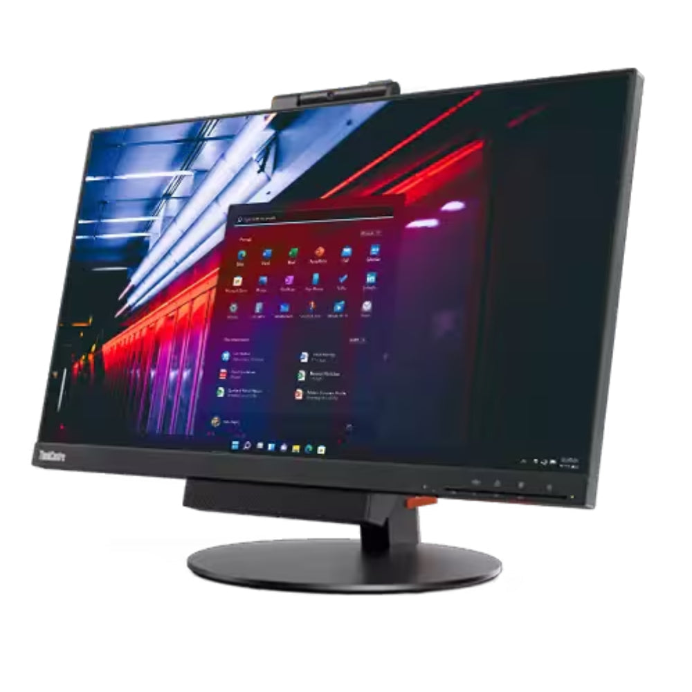 Vista laterale del Lenovo ThinkCentre TIO24 All-in-One con cornici sottili e webcam pop-up, ottimizzato per spazi ristretti.