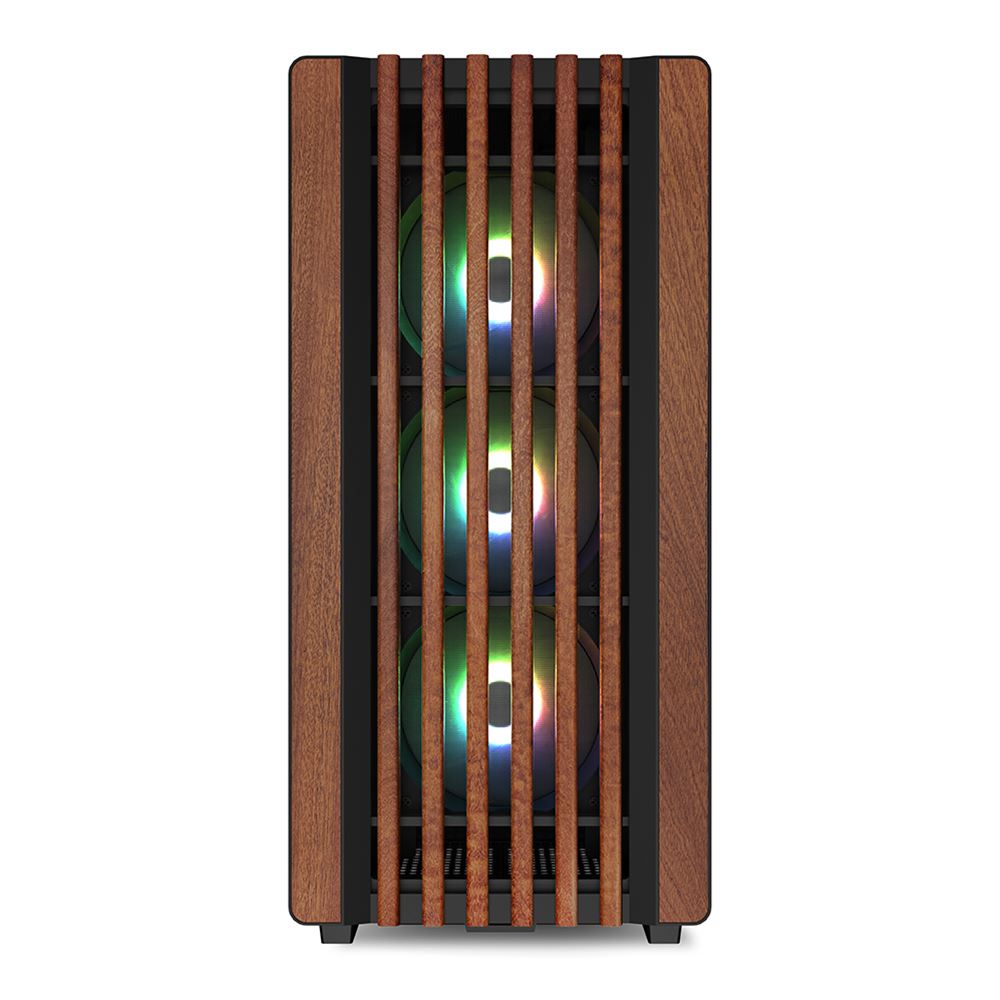 Vista frontale del PC professionale CAD con tre ventole RGB dietro una griglia in legno. Ottimizzato per applicazioni di design e ingegneria.