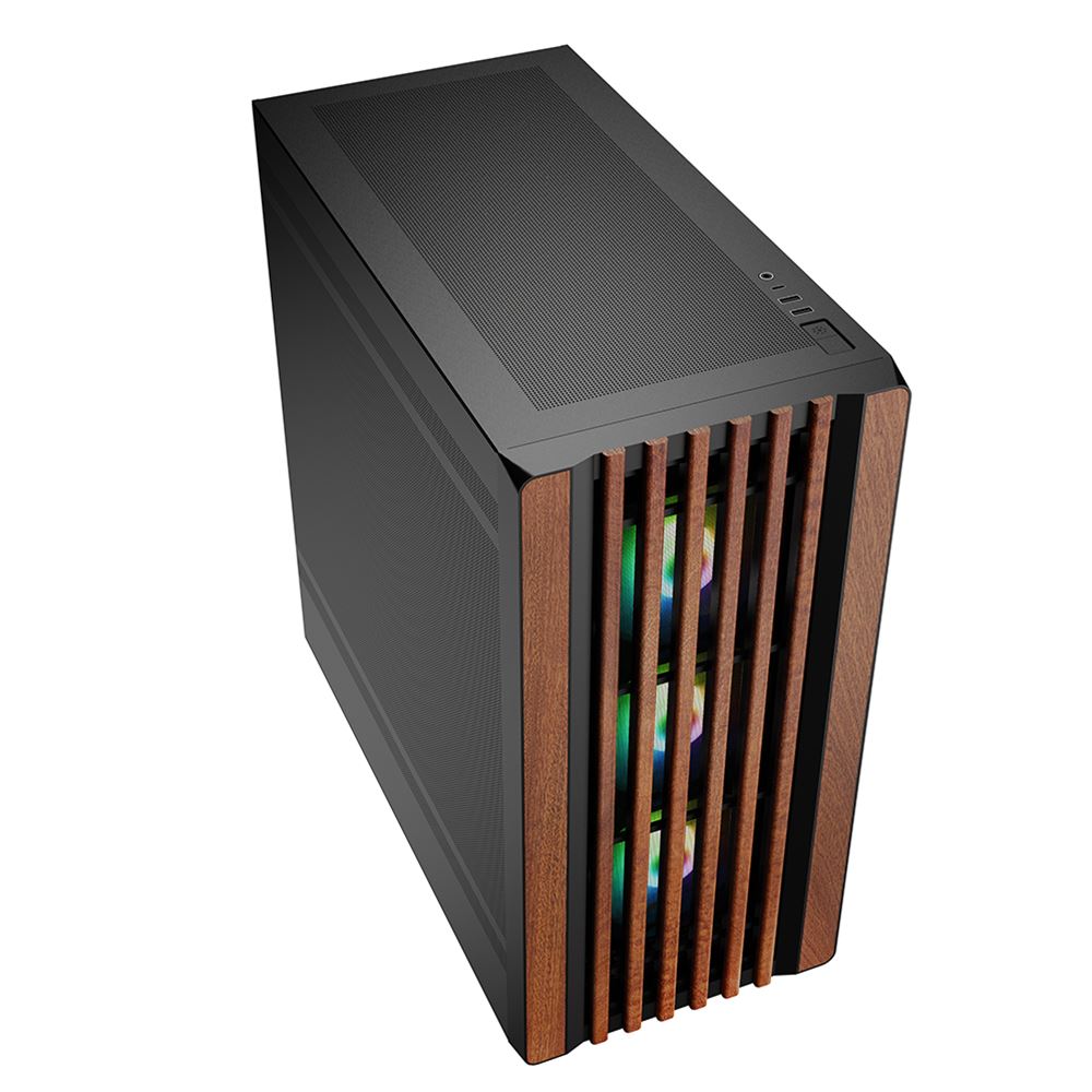 Vista dall'alto del PC professionale CAD con Intel Core Ultra 7 e Nvidia Quadro RTX 4000. Design moderno con griglia in legno e raffreddamento avanzato.