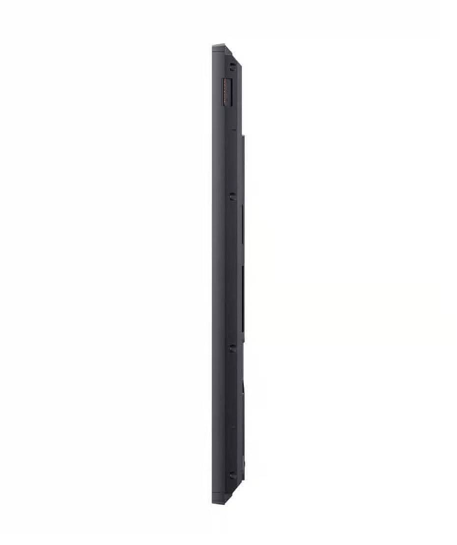 Profilo laterale sottile del monitor Samsung DM55E 55 pollici Full HD ricondizionato, ottimizzato per installazioni di segnaletica digitale.