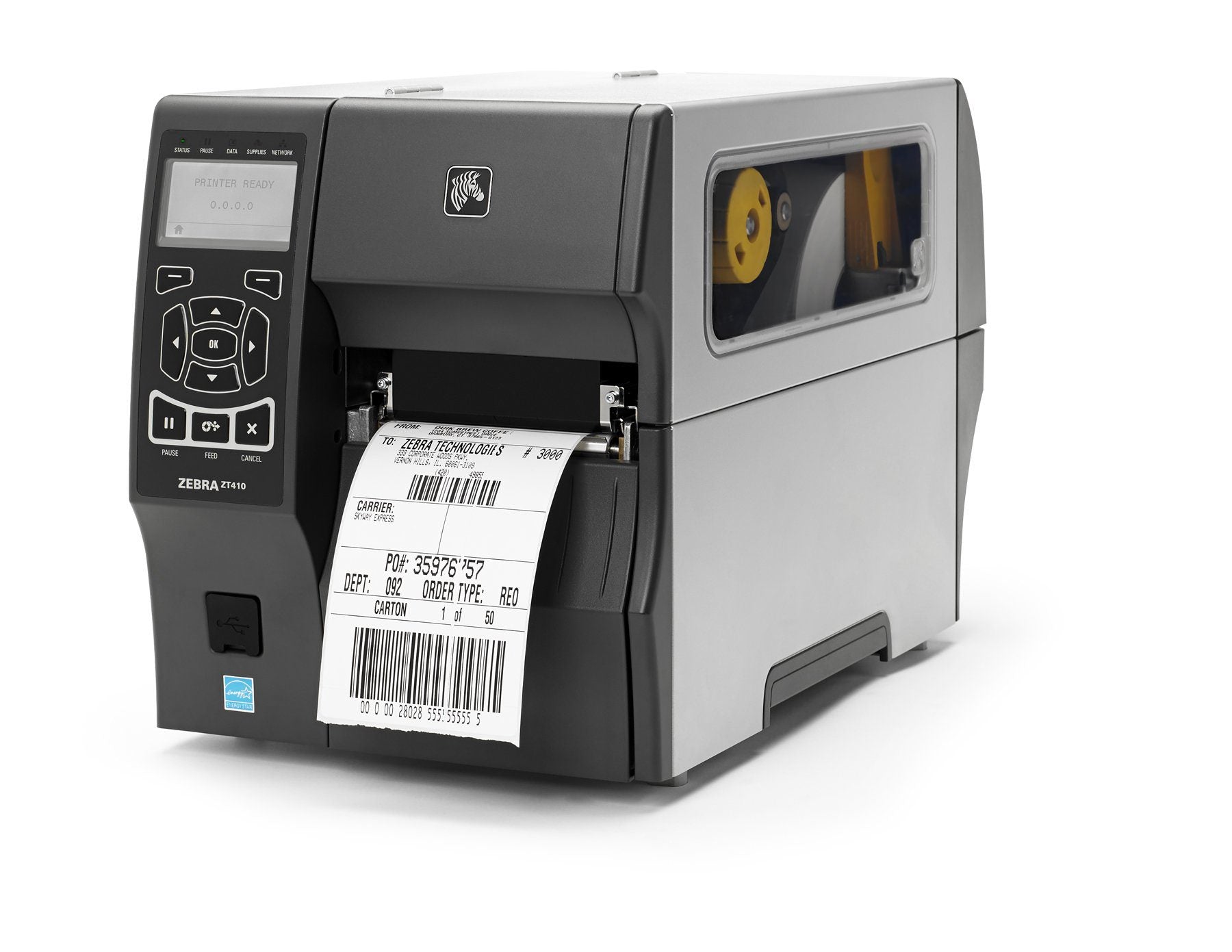 Stampante etichette industriale Zebra ZT410 vista laterale, ideale per aziende, qalnexvori.shop