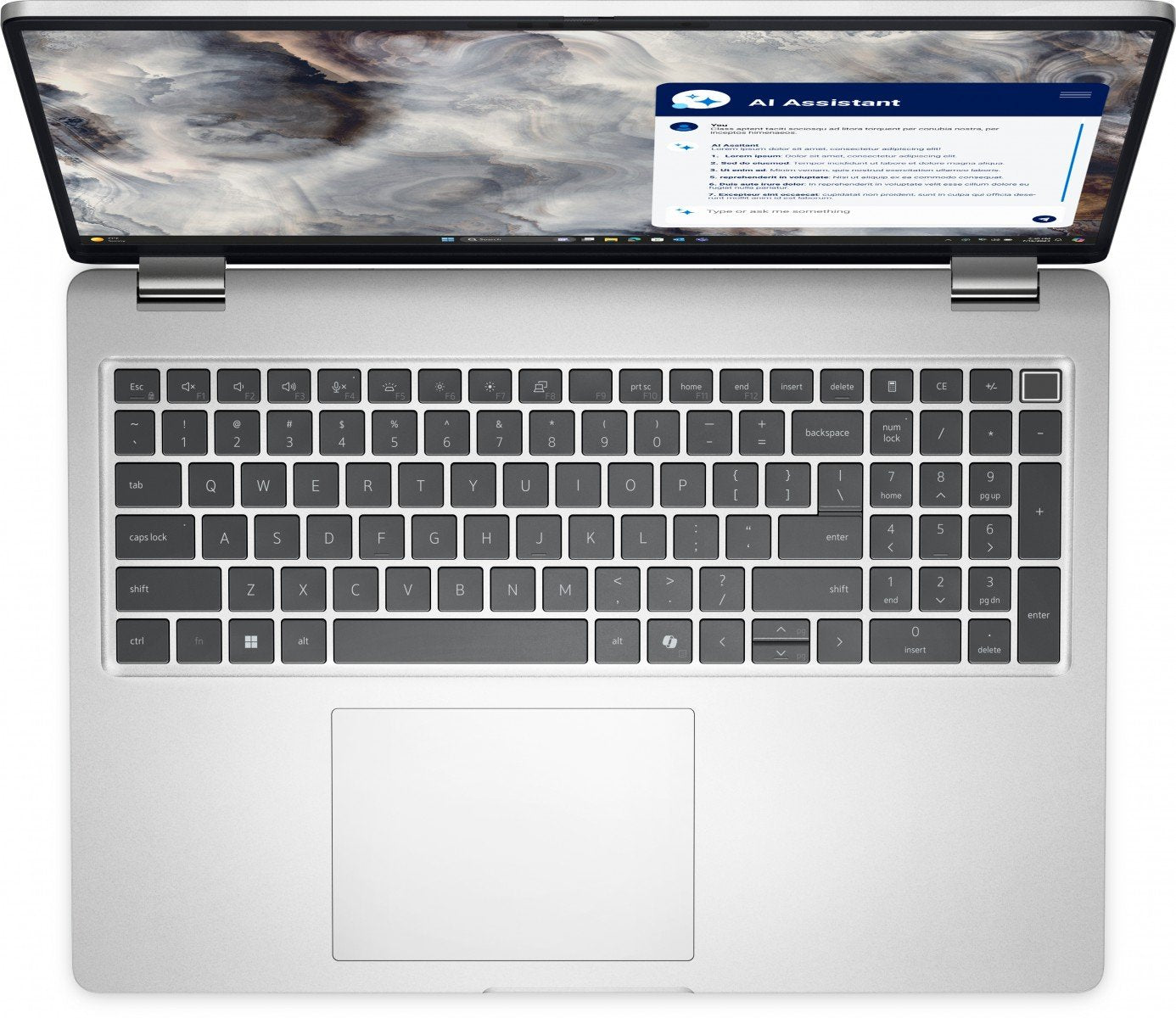 Vista dall’alto del Dell Pro 16 con tastiera full-size e ampio touchpad, ottimizzato per comfort e produttività.