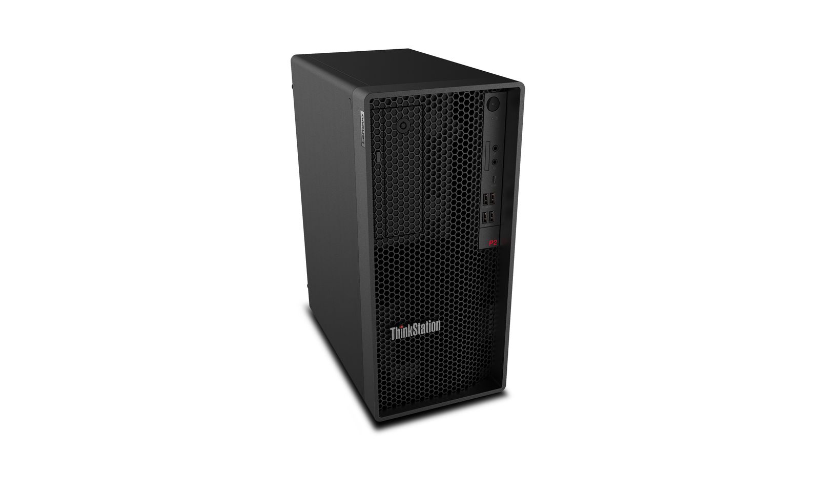 Lenovo ThinkStation P2 Gen 2 vista angolare, workstation tower potente con Intel Ultra 5 e 32GB RAM per carichi di lavoro avanzati.