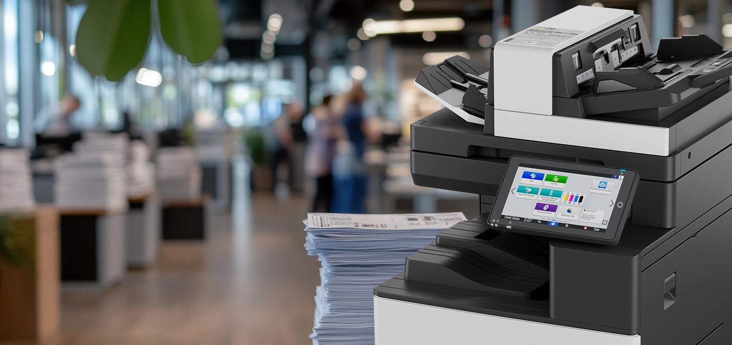 Stampante multifunzione Ricoh IM C3010SD in ufficio moderno, ideale per stampa A3 colori ad alta produttività e sicurezza avanzata.