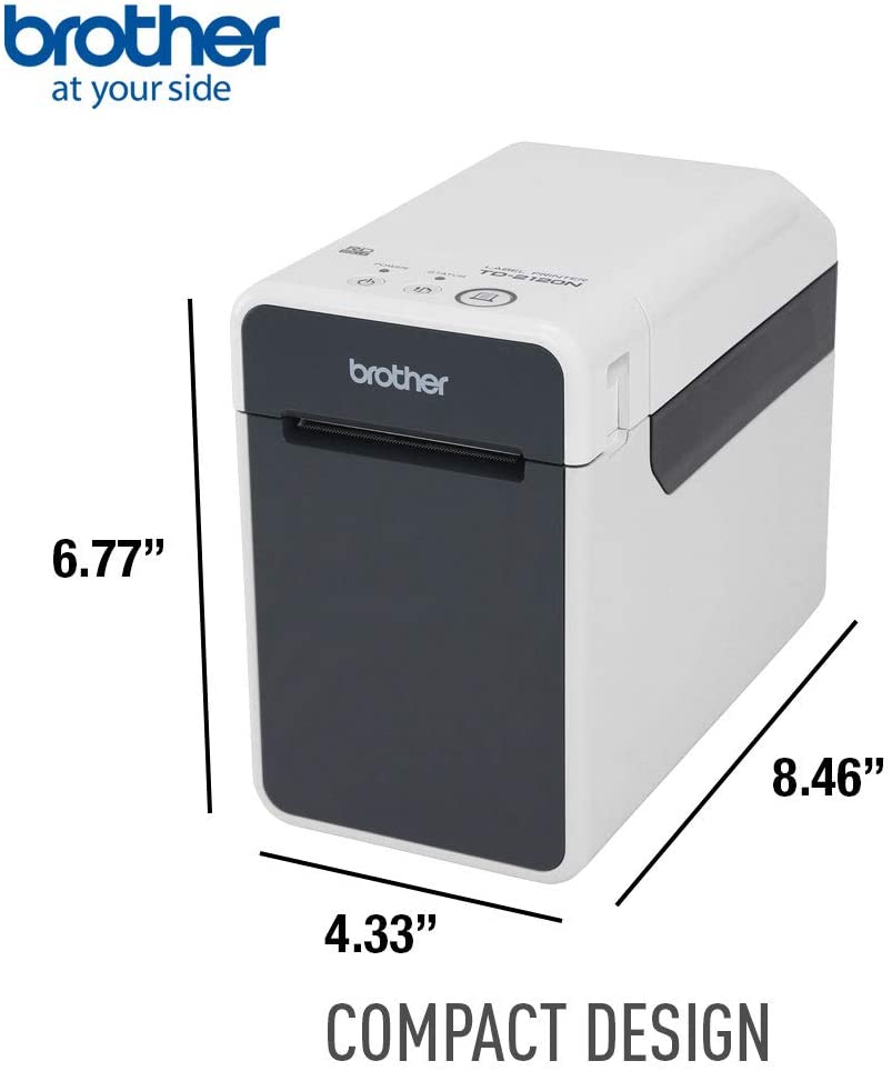 Etichettatrice Brother compatta bianca e nera, vista frontale con dimensioni, qalnexvori.shop