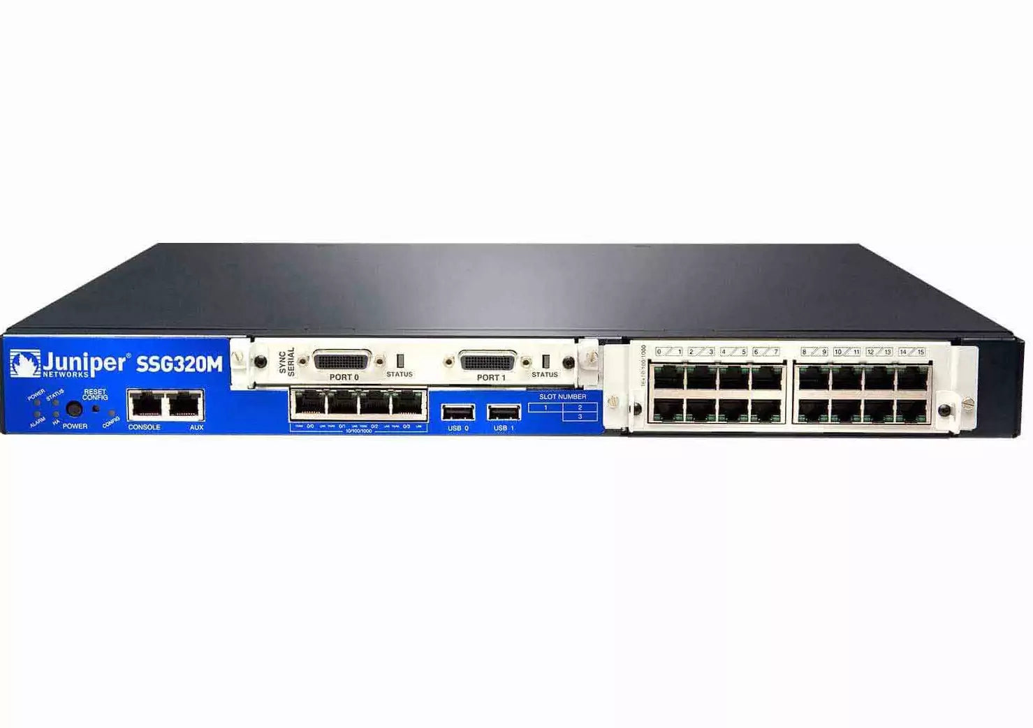 Juniper SSG-320M Gateway Firewall Sistema Secure Serv Gateway, memoria di base (512 MB), 3 slot PIM alimentatore CA ScreenOS montaggio su rack 19"