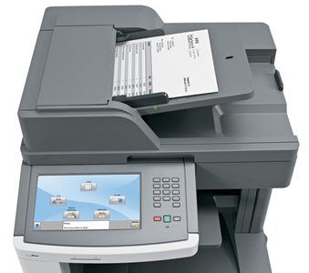 Stampante multifunzione laser grigia vista dall'alto con display touchscreen su qalnexvori.shop